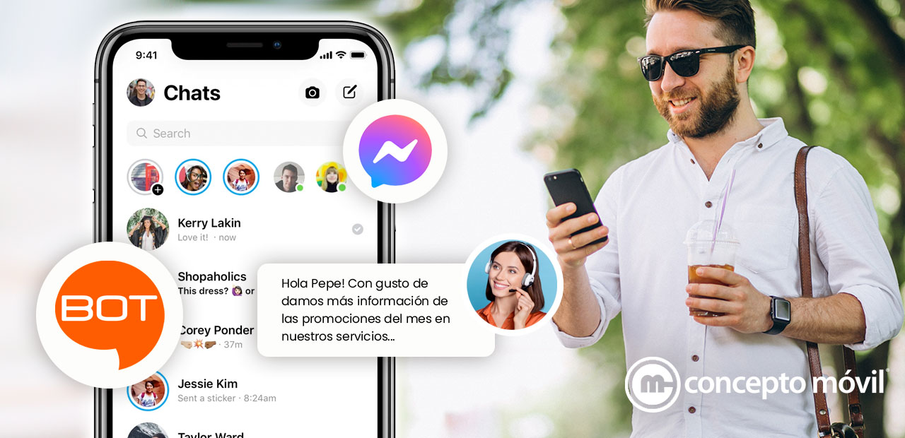 Smartphone con conversaciones vibrantes en Facebook Messenger, destacando la comunicación con BroadcasterBot de CM Mobile.