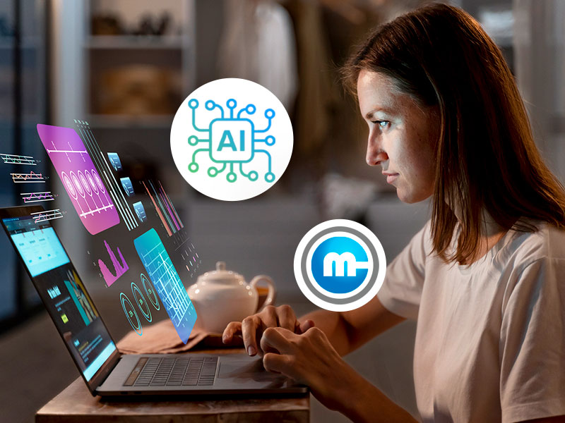 Ventajas y desventajas de la IA en un entorno empresarial, con análisis de datos y persona usando IA. Logo de CM Mobile.